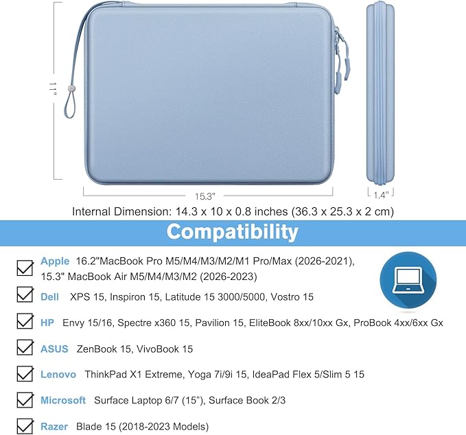 FINPAC Hard Laptop Sleeve Case for 15.3 inch MacBook Air M5 M4 M3 M2 (2026-2023) A3448 A3241 A3114, 16.2 inch MacBook Pro 2026 M5/M4/M3/M2/M1 Pro/Max, Waterproof Case for Surface Laptop, Ice Blue