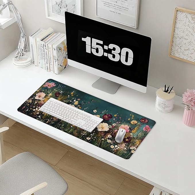 Vintage Wildflower Large Mouse Pad 31.5x15.7inch, Retro Floral Large Extended Computer Desk Mat Mousepad for Keyboard and Mouse, Floral Desk Accessories
