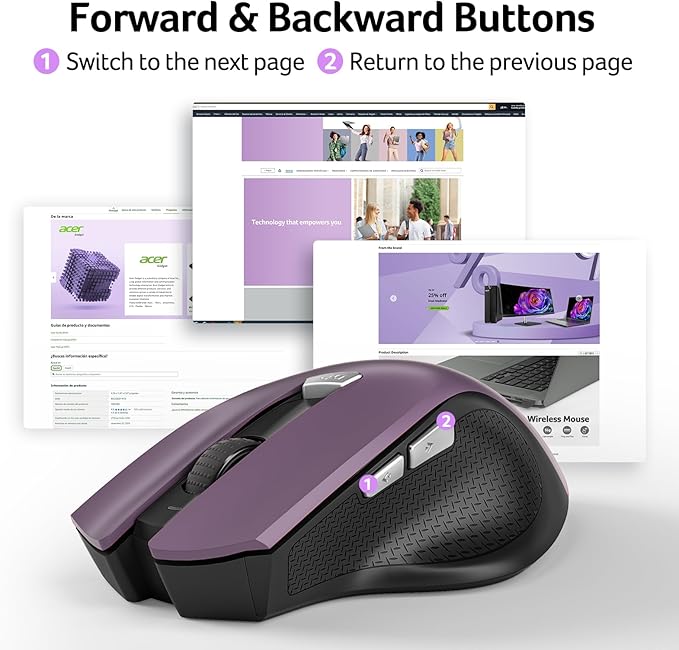 acer Wireless Mouse for Laptop, 2.4GHz Computer Mouse 3 Adjustable DPI Office Cordless USB Mice with USBA Receiver, 6 Buttons, 1600 DPI, Medium to Large Sized Hands (Purple)