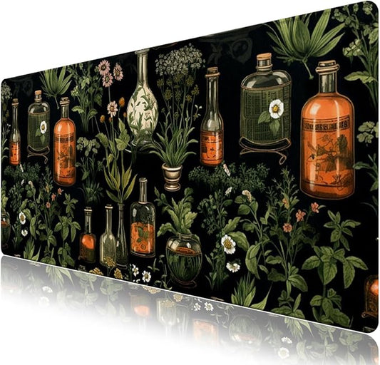 Mystical Green Plants Desk Matt for Desktop, DeskMat Pad, Desk Mat for Keyboard and Mouse, Large Mouse Pad for Desktop, Anti-Slip Stitched Edges Big Mousepad, Mouse Mat for Computer, Botanical Pattern