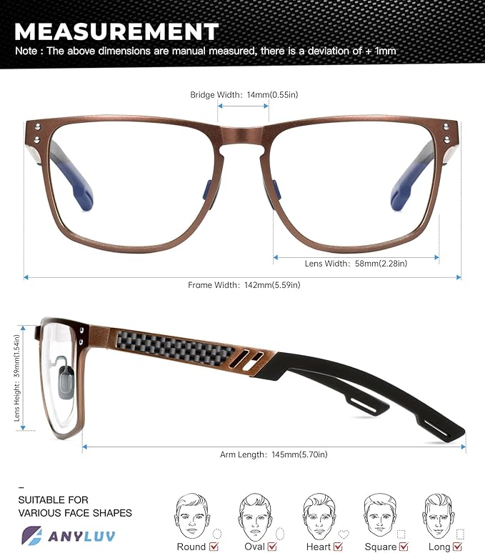 ANYLUV Blue Light Blocking Glasses Men Computer Gaming Glasses Lightweight Al-Mg Metal Anti Eyestrain Eye Protection