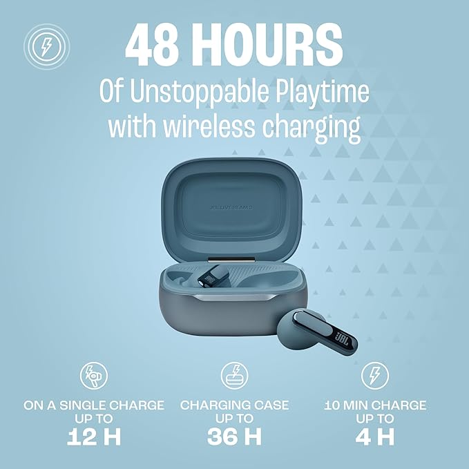 JBL Live Beam 3 - True Wireless Noise-Cancelling Stick-Closed Earbuds, 48Hrs Total Playback, Wireless Charging, 6 Mics for Perfect Calls, Multi-Point Connection, IP55 Waterproof and dustproof (Blue)