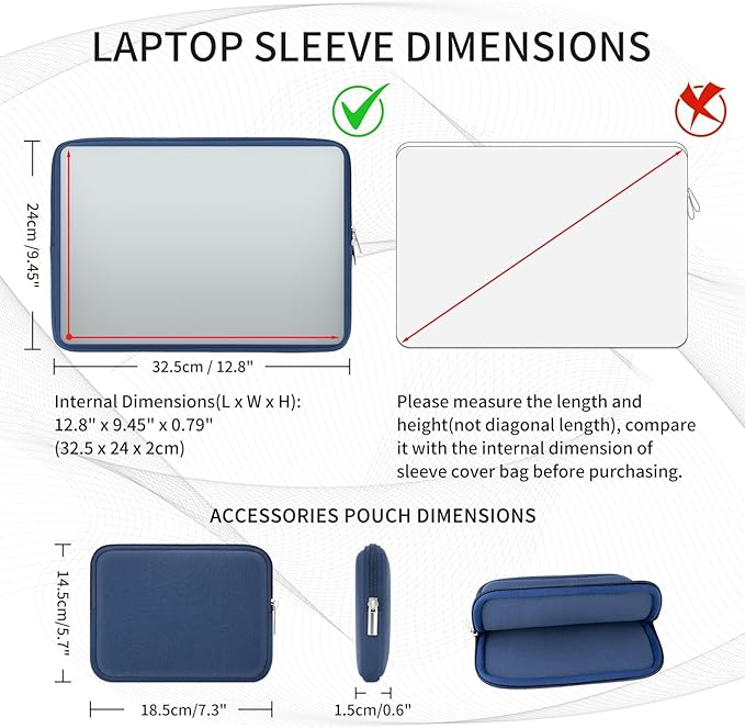 RAINYEAR Laptop Sleeve Case Compatible with 13.3 Inch Notebook Computer Tablet Chromebook 14" MacBook Pro/Max M1 M2 M3 M4 M5 Soft Carrying Bag Protective Cover with Accessories Pouch (Navy Blue)