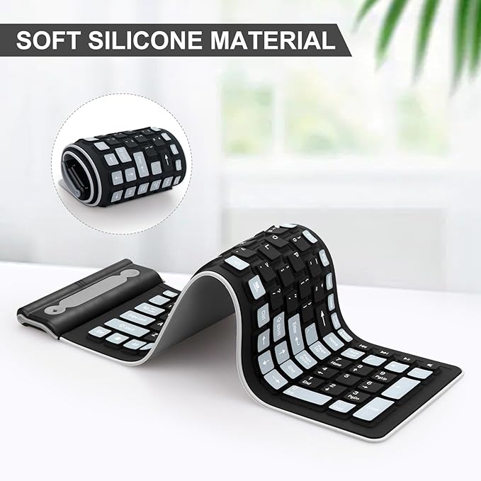 sungwoo Wireless Silicone Keyboard, 2.4GHz Wireless, Foldable Rollup Keyboard, Waterproof, Dustproof and Lightweight, Perfect for PC, Notebook, Laptop and Travel(Black)