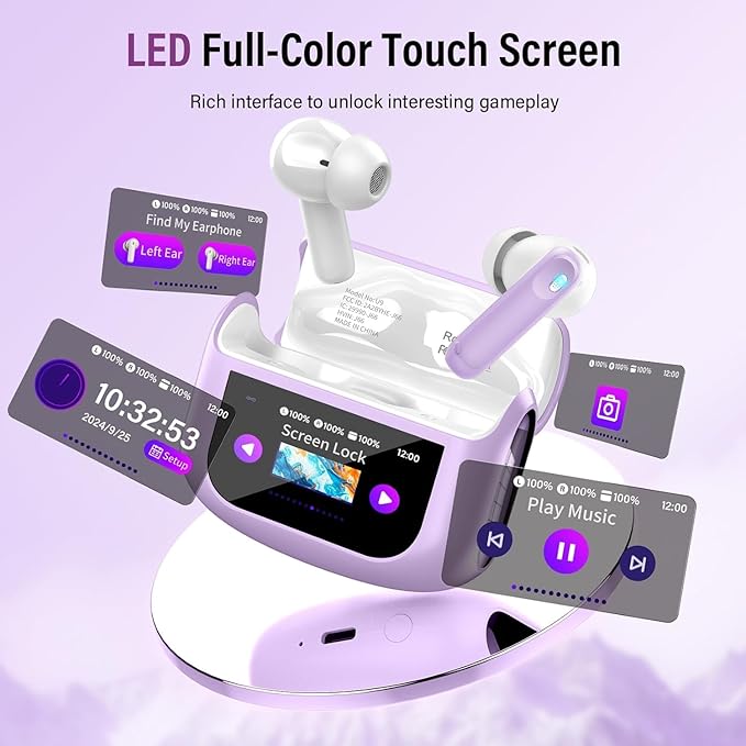 Wireless Earbuds, Bluetooth 5.4 Headphones with Multifunctional Touch Screen, 48H Bass Stereo Ear Buds with ANC/ENC Noise Cancelling/Transparency Mode, IPX7 Earphones with 5 EQ Modes, Taro purple
