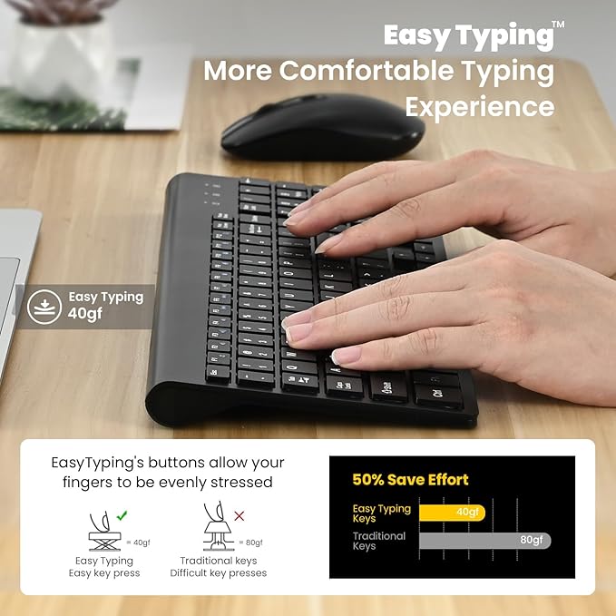 cimetech EasyTyping KF10 Wireless Keyboard and Mouse Combo, [Silent Scissor Switch Keys][Labor-Saving Keys]Ultra Slim Wireless Computer Keyboard and Mouse, Easy Setup for PC/Laptop/Mac/Windows - Black