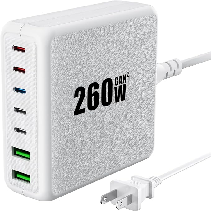 USB C Charger, 260W 7-Port USB C Charger Block, 2x65W Compatible with MacBook Pro/Air, iPad Series,iPhone 14/13/Mini/Pro/13Pro Max/12 Samsung Galaxy, White