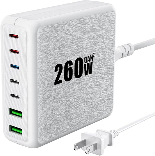 USB C Charger, 260W 7-Port USB C Charger Block, 2x65W Compatible with MacBook Pro/Air, iPad Series,iPhone 14/13/Mini/Pro/13Pro Max/12 Samsung Galaxy, White