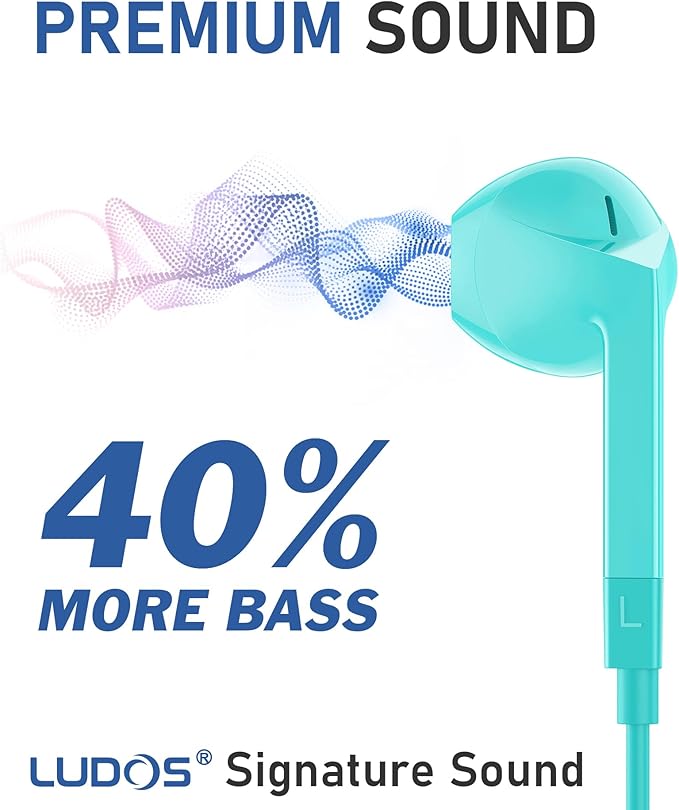 LUDOS FEROX Wired Earbuds in-Ear Headphones, 5 Year Warranty, Earphones with Microphone, Noise Isolation Corded for 3.5mm Jack Ear Buds for iPhone, Samsung, Laptop, Kids, School Students - Turquoise