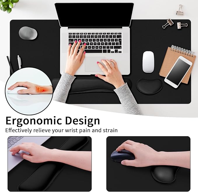 Mouse Pad with Wrist Rest Support, Keyboard Wrist Rest and Mouse Pad Set, Desk Mat for Keyboard and Mouses, Non-Slip Computer Mat Set for Office, Home (35.4×15.7 Inches, Black)