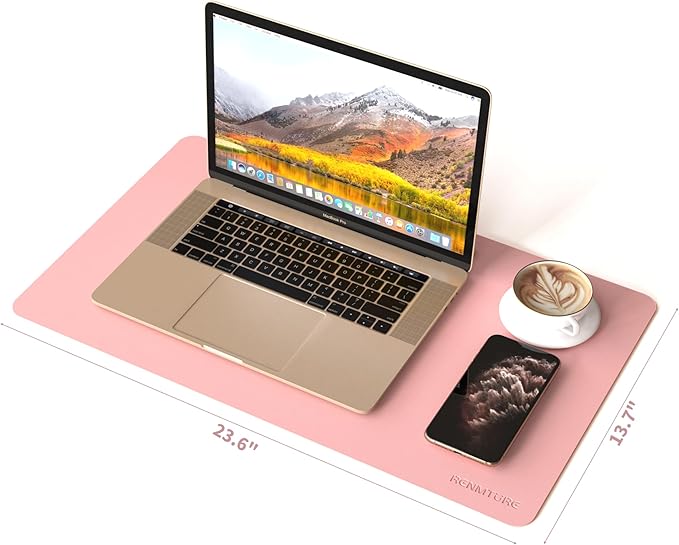 RENMTURE PU Mouse Pad, Faux Leather Large Desk Pad, Home Work Office Accessories, Non-Slip Desk Mat, Waterproof Gaming Pad Desk Blotter (23.6" x 13.7", Pink)
