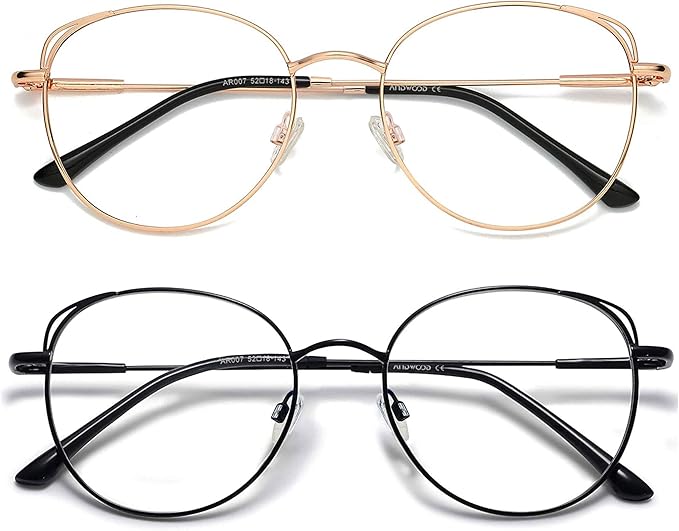 ANDWOOD Blue Light Blocking Glasses Women Cat Eye Computer Eyeglasses Metal Frame Hipster 2 Pack