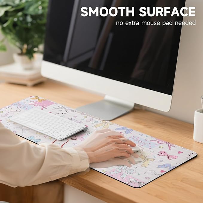 AUPET Leather Desk Pad Blotter Mat, Large Mouse Pad, Non-Slip Waterproof Desk Writing Pad Protector, Desk Decor for Office，Home，Gaming (Cute Ribbon, 35.4X15.7 inch)