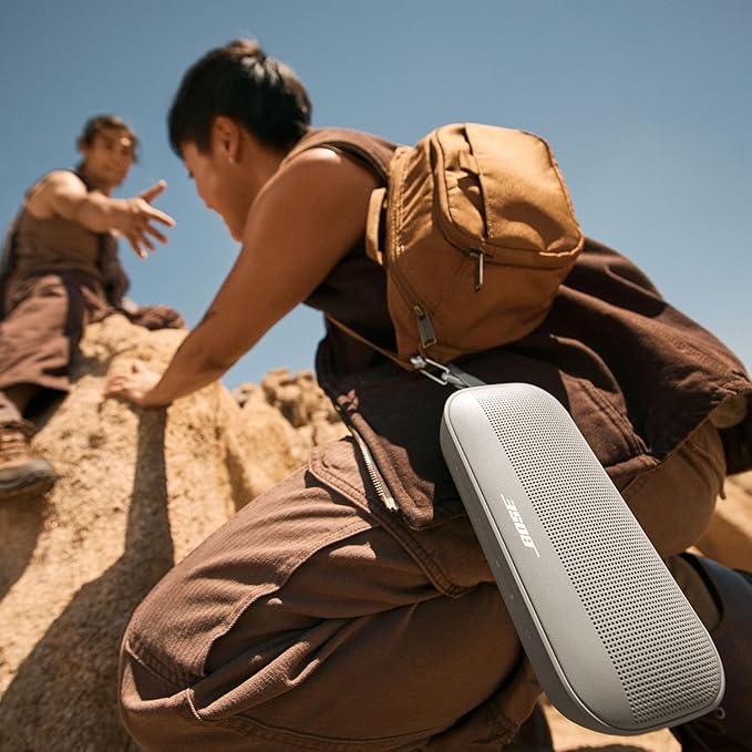 Bose NEW SoundLink Flex Portable Bluetooth Speaker (2nd Gen), Outdoor Speaker with Hi-Fi Audio, Up to 12 Hours Battery, Waterproof and Dustproof, + Slinger Hard Travel Case & USB Plug (Sandstone)