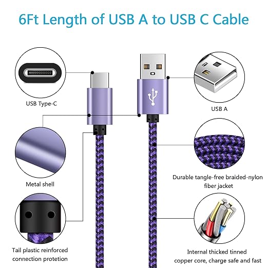 5Pack 6ft USB A to Type C Charger Cable Fast Charging Cord for Samsung Galaxy S24 A55 A35 A15 A14 A54 A53 A23 A13 A03s 5G A73 A02s A12 A20 A21 A30 A32 A42 A52 A50 A51 A10e A60 A70 A71, Z Fold5/4/3/2