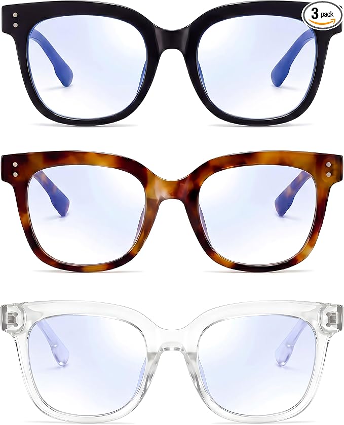 Oversized Blue Light Blocking Glasses for Women & Men - 3 Pack Fashion Computer Eyewear with Anti-Glare & UV400 Protection for Eye Strain Relief, Sleep Support & Daily Office Use