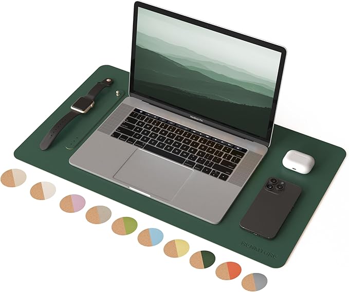 RENMTURE Desk Pad, Cork & PU Leather Desk Mat, Large Mouse pad, Non-Slip Desk Protector and Blotter, Waterproof Writing Pad, Desk Accessories and Organizers for Home Office (Deep Green,23.6" x 13.7")