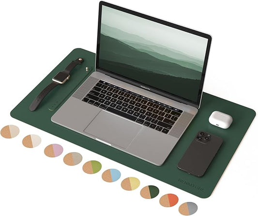 RENMTURE Desk Pad, Cork & PU Leather Desk Mat, Large Mouse pad, Non-Slip Desk Protector and Blotter, Waterproof Writing Pad, Desk Accessories and Organizers for Home Office (Deep Green,23.6" x 13.7")