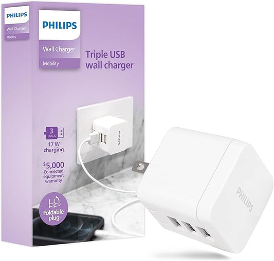 Philips iPhone USB Wall Charger Block, 17W 3-Port USB A Charging Block for iPhone 14, 13, 12 Series, iPad Power Adapter Cube, Foldable Plug Charging Box, DLP2408/37
