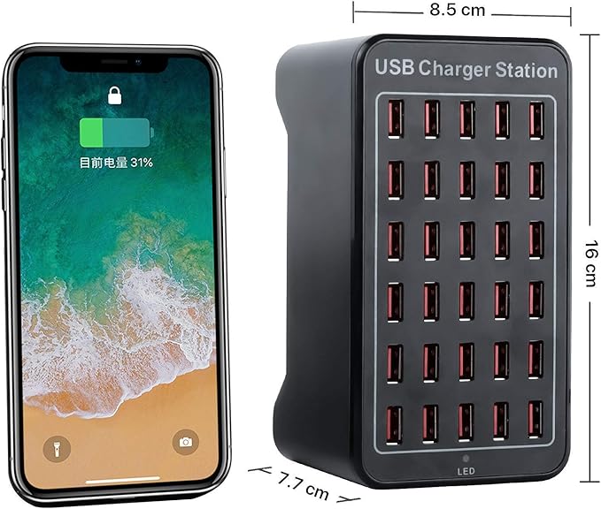 30-Port Charger, USB Charger Station, USB Fast Charger, Smart Charging Recognition, Suitable for Travel, Family Gatherings, Schools, Shopping malls, Hotels, Shops