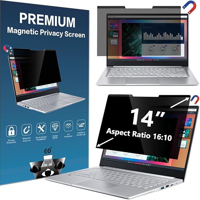 14 Inches Magnetic Privacy Screen Filter for Laptop Widescreen 16:10 Monitor | Computer Privacy Shield | Anti Glare & Blue Light Filter | UV & Eye Protection | Anti Spy | Anti-Scratch Protector