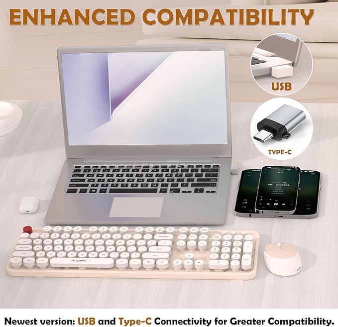 Cream Wireless Keyboard Mouse, COOFUN 104 Keys Full Size White Keyboard Ergonomic Cordless Keyboards Cute Colorful Retro Typewriter Key Board for Windows, PC, Laptop, Desktop (Creamy)
