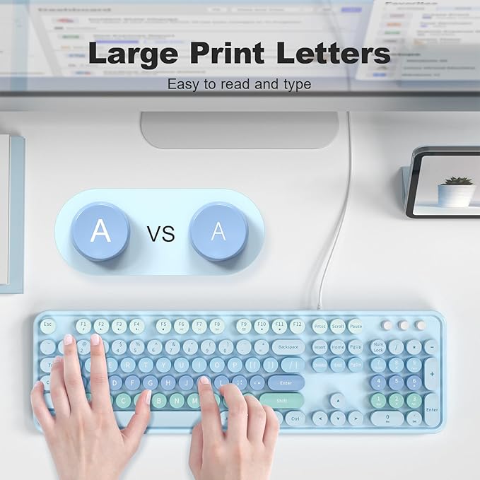 Large Print Wired USB Keyboard, 104 Keys Full Size Typewriter Keyboards, Plug and Play Office Computer Keyboard with Number Pad for Windows, PC, Laptop, Desktop (Blue Colorful)