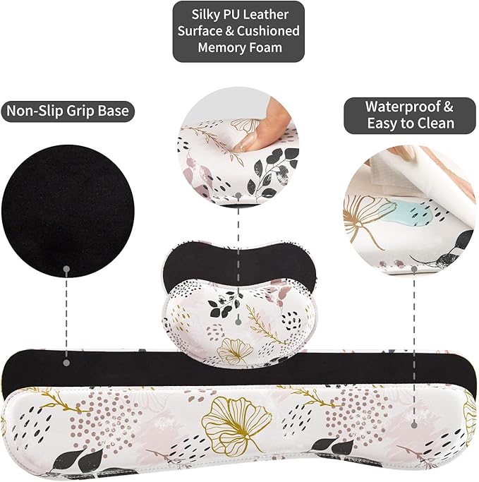 QIYI Leather Desk Mat Set, 4-in-1 Large Mouse Pad with Wrist Rest, Non-Slip Desk Pad + Keyboard Wrist Rest + Mouse Wrist Support + Coaster, Office Desk Accessories Home Decor Supplies, Botanical Leaf