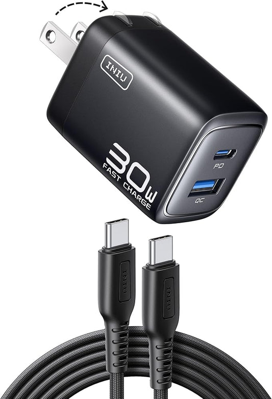 INIU USB C Charger, 30W PD QC 3.0 Dual Port Fast Charging Type C Charger Block with 5 ft USB-C Cable, USB C Wall Charger with Foldable Plug for iPhone 16 15 14 13 Pro Max Samsung S23 S22 AirPods