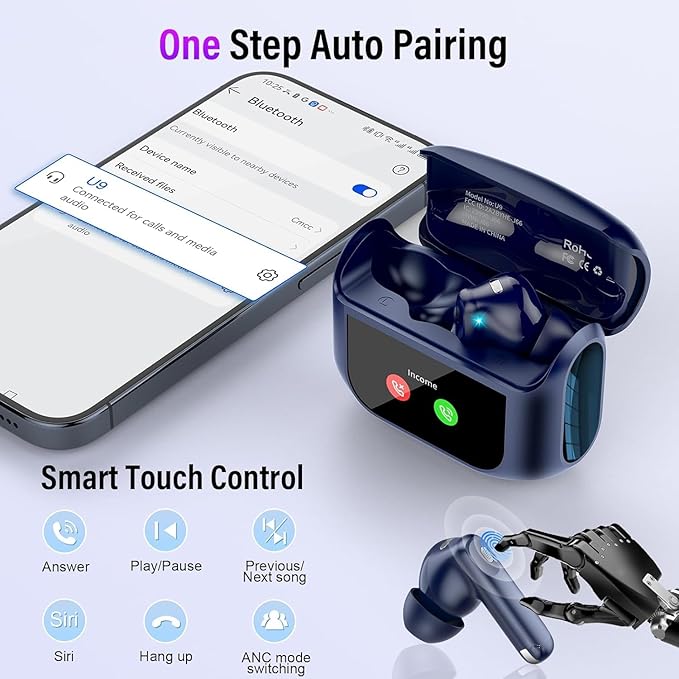 Wireless Earbuds, Bluetooth 5.4 Headphones with Multifunctional Touch Screen, 48H Bass Stereo Ear Buds with ANC/ENC Noise Cancelling/Transparency Mode, IPX7 Earphones with 5 EQ Modes, Dark Blue