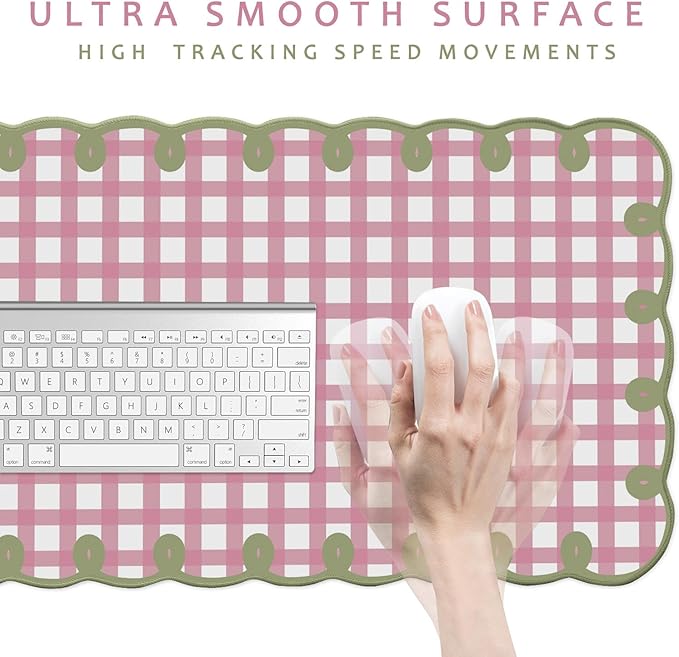 Cute Pink Green Scalloped Desk Mat Checkered Large Mouse Pad Kawaii Retro Cozy Vintage Cottagecore Aesthetic Office Desk Decor Stitched Nonslip Pad for Computer Keyboard & Mouse 31 * 15.7in