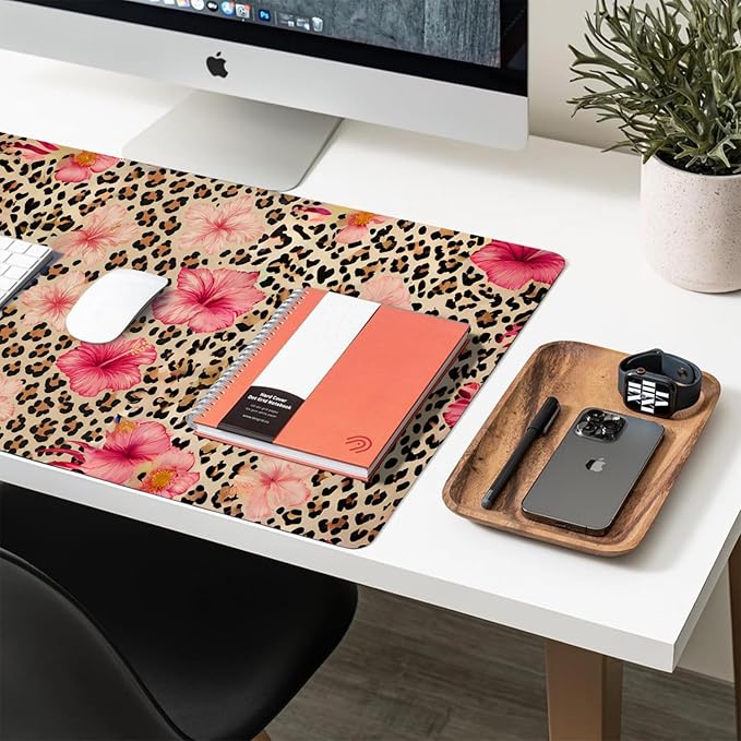 Large Mouse Pad, Leopard Floral Desk Mat for Desktop, Women Girls Flowers PU Leather Waterproof Desk Pad, Computer PC Laptop Protector Gaming Mouse Pads for School Office Home 31.5" x 15.7"