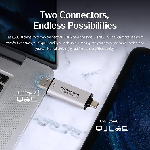 Transcend ESD310 2TB External SSD, Up to 1,050MB/s, Dual USB Drive for iPhone17,16,15, iPad&Mac/Pixel10/Tesla/Steam Deck/ROG Ally/MSI Claw/Android/PS5, 2-in-1 TypeC &A, USB3.2Gen2 Portable SSD-Silver - Image 2
