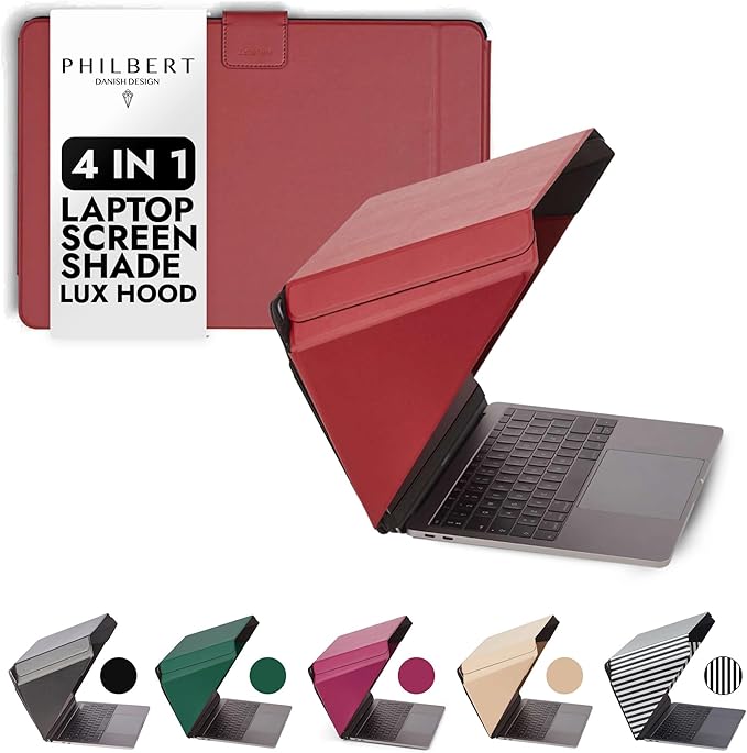4-in-1 Laptop Screen Shade – Original Lux Hood – Sun, Privacy, Heat & Contrast Protection, Freestanding with Pocket, Fits 15–16” MacBook & PC, Patented, Red | PHILBERT Danish Design