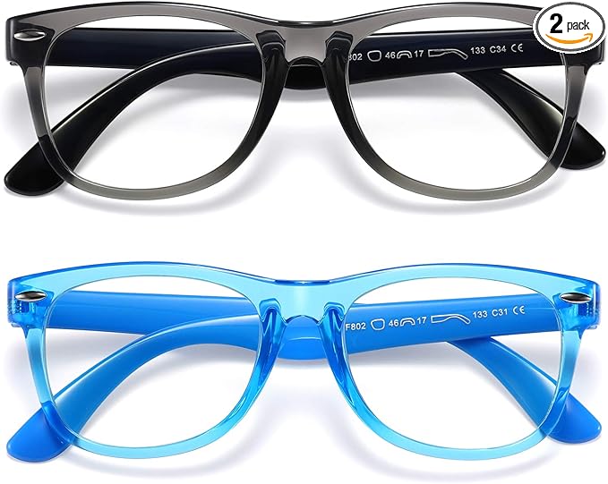 DYLB Kids Blue Light Blocking Glasses girls boys 2 pack, computer video gaming glasses for kids girls boys Age 3-10,Anti blue light & Headache (transparent black + transparent blue)