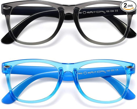 DYLB Kids Blue Light Blocking Glasses girls boys 2 pack, computer video gaming glasses for kids girls boys Age 3-10,Anti blue light & Headache (transparent black + transparent blue)