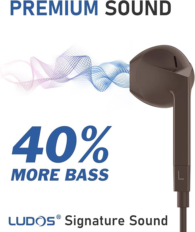LUDOS FEROX Wired Earbuds in-Ear Headphones, 5 Year Warranty, Earphones with Microphone, Noise Isolation Corded for 3.5mm Jack Ear Buds for iPhone, Samsung, Laptop, Kids, School Students - Brown