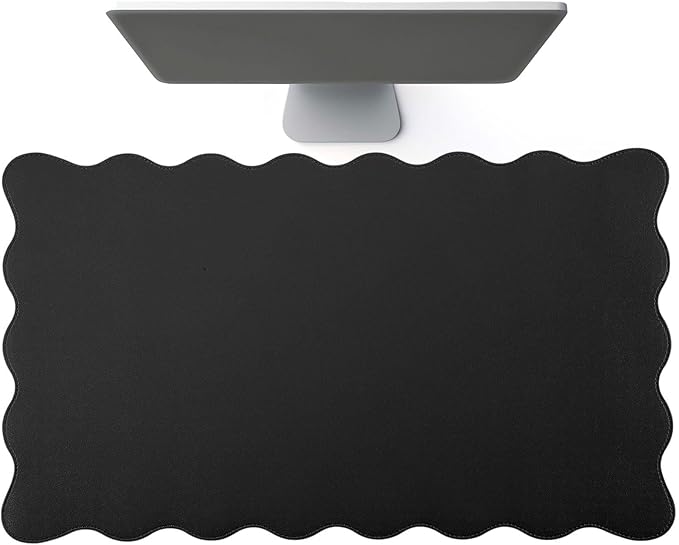 Scalloped Desk Mat Leather Desk Pad Protector Non-Slip PU Leather Table Protector Waterproof Mouse Pad Keyboard Mat Curly Mousepad PC Accessories Gift for Office Home (Black)