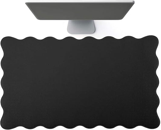 Scalloped Desk Mat Leather Desk Pad Protector Non-Slip PU Leather Table Protector Waterproof Mouse Pad Keyboard Mat Curly Mousepad PC Accessories Gift for Office Home (Black)