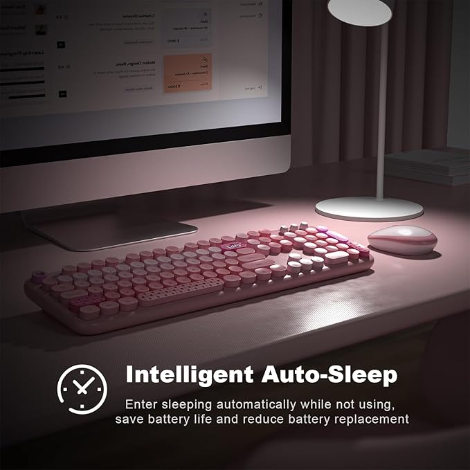 Wireless Keyboard and Mouse, Typewriter Full Size Keyboard with Number Pad and 2 in 1 USB Connected Mouse for Windows 7/8/10, Laptop, Desktop, PC, Computer (Pink Colorful)