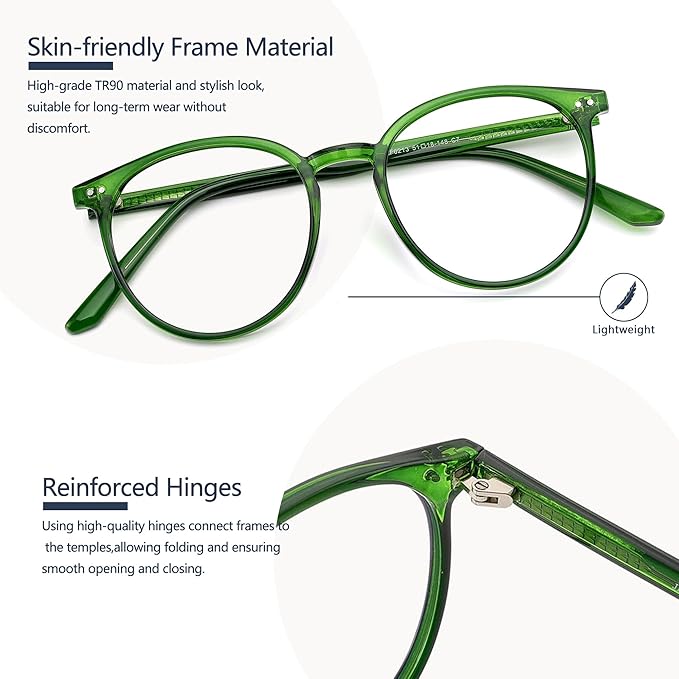 Blue Light Blocking Glasses for Women and Men, Round Frame Computer Gaming Anti Eyestrain & UV Glare RF6213 (Basil Green)