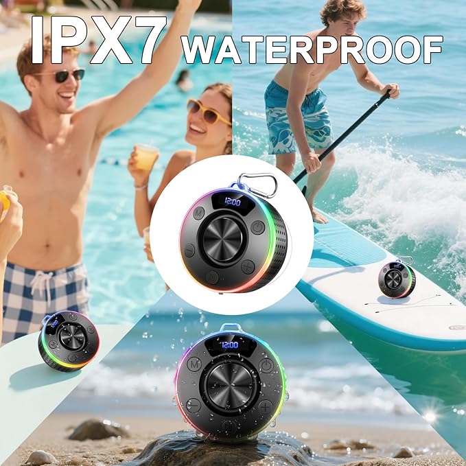 Bluetooth Shower Speaker, Portable Bluetooth 5.4 Speaker with 360°HD Stereo Sound and Robust Bass, IPX7 Waterproof Speakers, LED Light, Built in Mic for Home, Party, Outdoor. Gift For Men Women