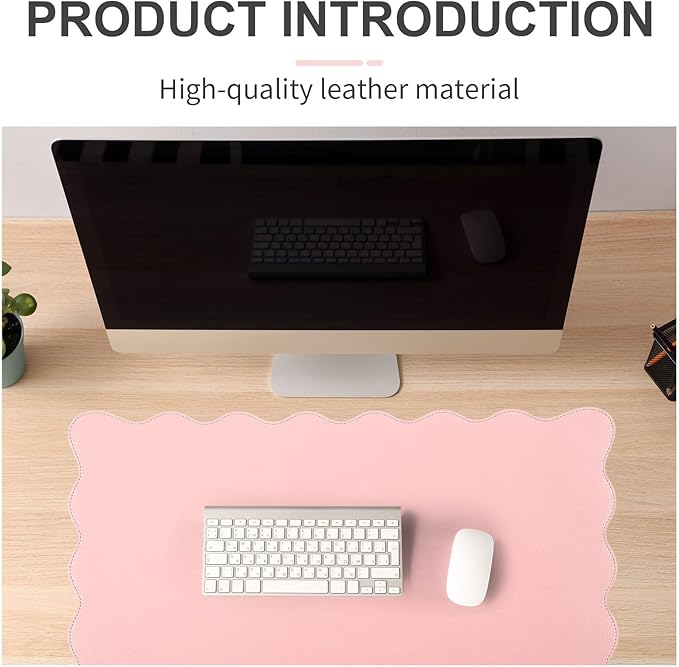 Scalloped Desk Mat Leather Desk Pad Protector Non-Slip PU Leather Table Protector Waterproof Mouse Pad Keyboard Mat Curly Mousepad PC Accessories Gift for Office Home(Light Pink)