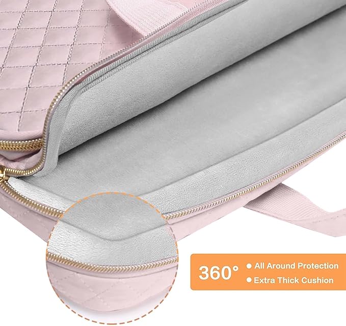 MOSISO 360 Protective Laptop Case 13.3 inch, 13-13.3 inch Laptop Sleeve Compatible with MacBook Air/Pro 13/Pro 14,HP Dell ASUS Lenovo, Square Quilted Bag Cover with 2 Pockets&Handle&Belt, Pink