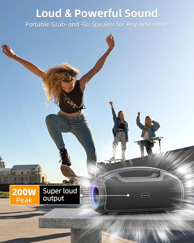 Upgrade Portable Bluetooth Speakers Wireless, 200W MAX Loud Powerful Speaker w/Deep Bass, IP65 Waterproof/ BT5.4, for Outdoor, Party, Camping, Tailgating, Beach, Large Workshop, Garage, 24H Playtime