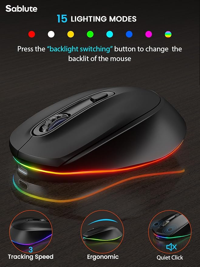 SABLUTE Wireless Keyboard and Mouse Backlit, Quiet Light Up Keys, Tilt Legs, Sleep Mode - Rechargeable USB Cordless Combo for Computer, iMac, PC, Laptop (Black)