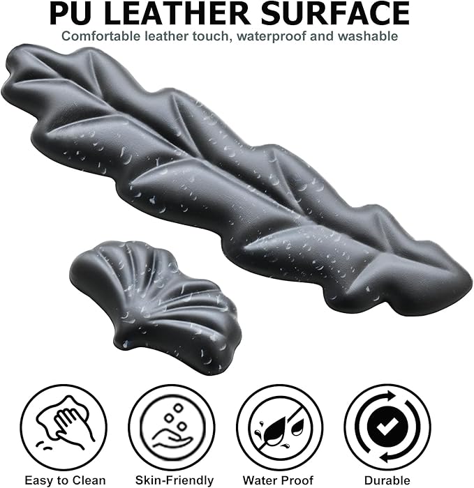 Ergonomic Keyboard Wrist Rest, Leaf Shape PU Leather Memory Foam Wrist Support for Computer Keyboard, Keyboard Pad and Cute Mouse Wrist Pad for Gaming,Office, Computer, Typing Pain Relief, Black