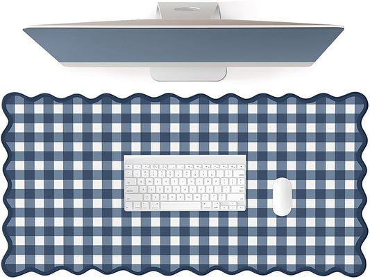 Scalloped‌ Checkered Desk Mat Cute Dark Blue XXL Large Gaming Mouse Pad Gingham Kawaii Cottagecore ‌Vintage‌ Laptop Keyboard Computer Mat for Desktop Aesthetic Desk Pad Accessories Decor