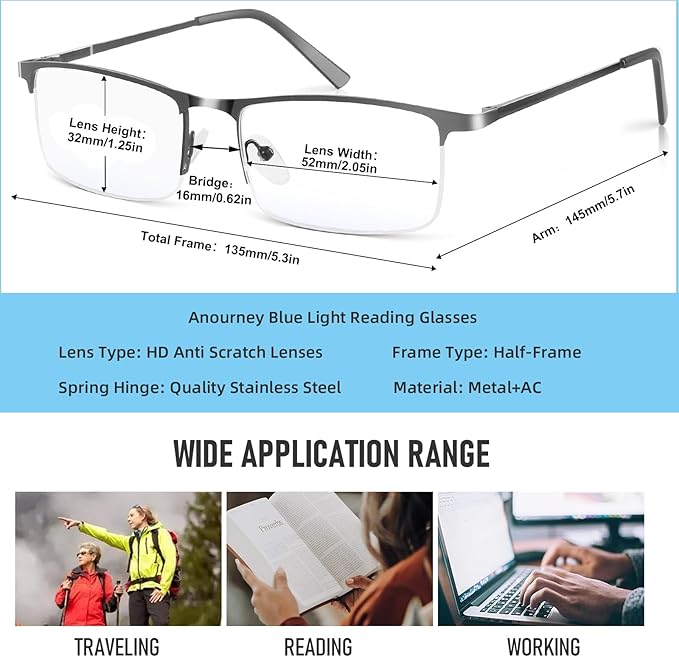 Blue Light Blocking Glasses, Lightweight Metal Half Frame Computer Reading/Gaming/TV/Phones Glasses,Filter UV Ray/Computer Glare with Spring Hinge Eyeglasses(Black+Brown)
