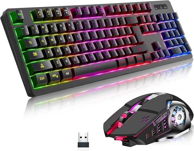 Wireless RGB Gaming Keyboard and Mouse - Rechargeable RGB Backlit,Long Battery Life,Mechanical Feel,7 Color Gaming Mouse for PC Game and Work